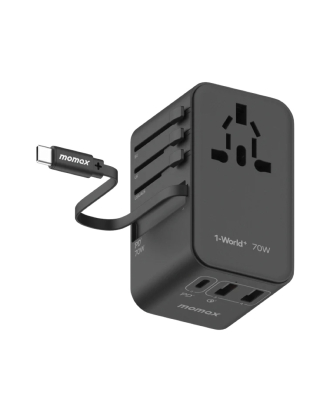 1-World+ 3-Port Travel GaN Charger With Built-in USB-C Cable 70W