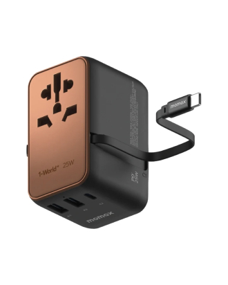 1-World+ 3-Port Travel Charger Built-In USB-C Cable 25W