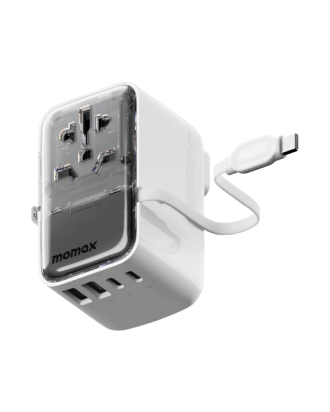 1-World+ Flow 35W 4-Port w/ Built-in USB-C Cable + AC Travel Adaptor - White